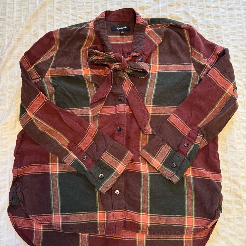 Madewell bow tie Plaid Shirt in Red and Brown